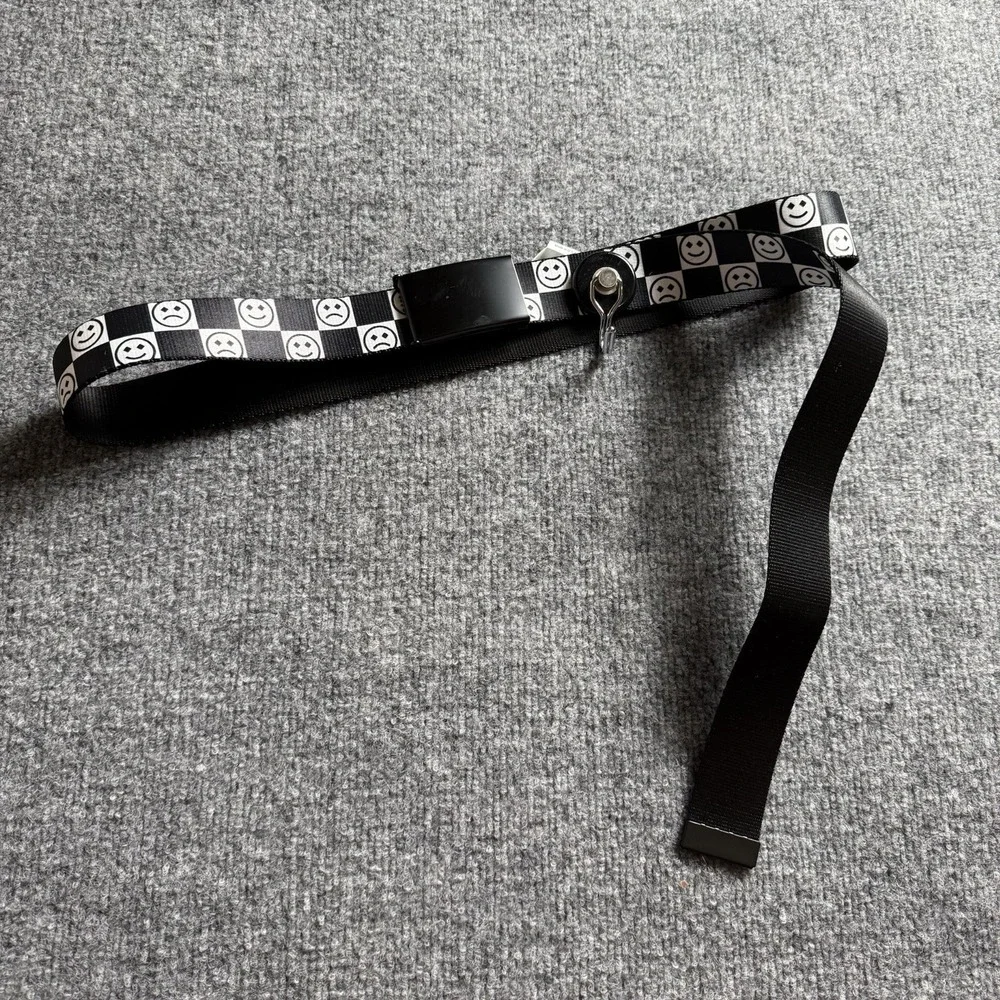 Y2K Checkerboard Graphic Webbing Belt Black White Smiley Face Skater Grunge Emo